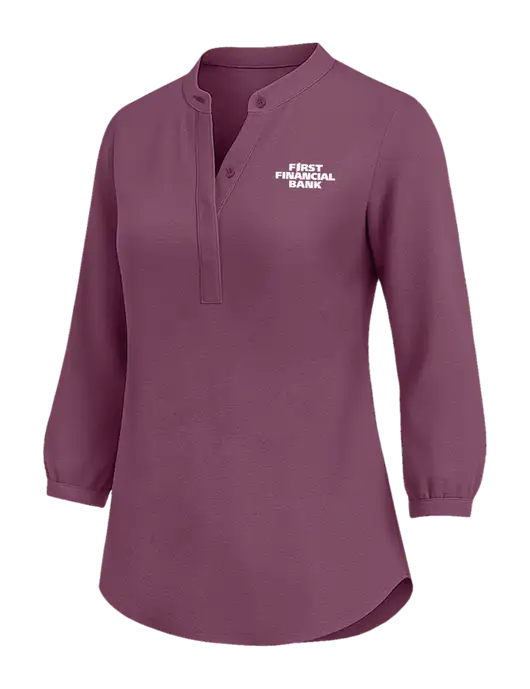 Womens Three Quarter-Sleeve Textured Purple Crepe Tunic w/First Financial Bank Logo