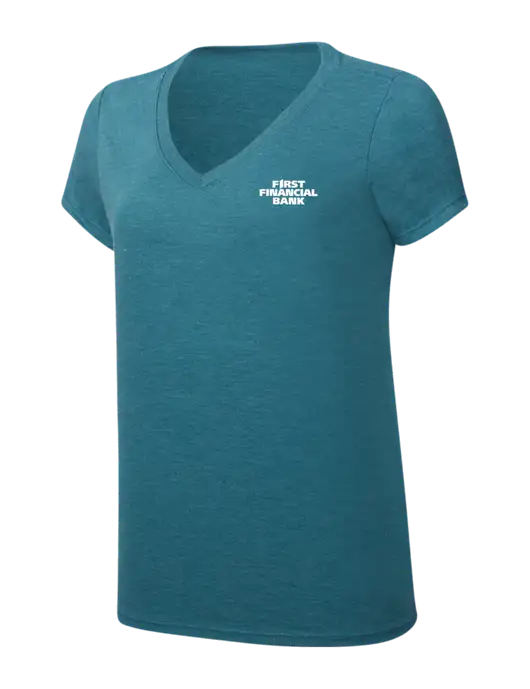 Womens Simply Soft V-Neck Heather Teal 4.5oz  Poly/Combed Ring Spun Cotton T-Shirt w/First Financial Bank Logo