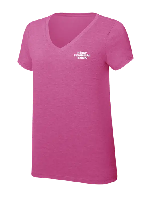 Womens Simply Soft V-Neck Fuschia Frost 4.5oz  Poly/Combed Ring Spun Cotton T-Shirt w/First Financial Bank Logo