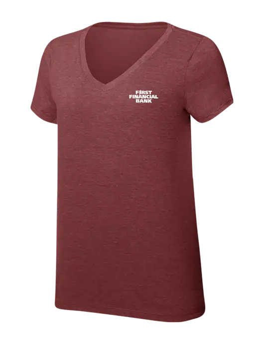 Womens Simply Soft V-Neck Maroon Frost 4.5oz  Poly/Combed Ring Spun Cotton T-Shirt w/First Financial Bank Logo