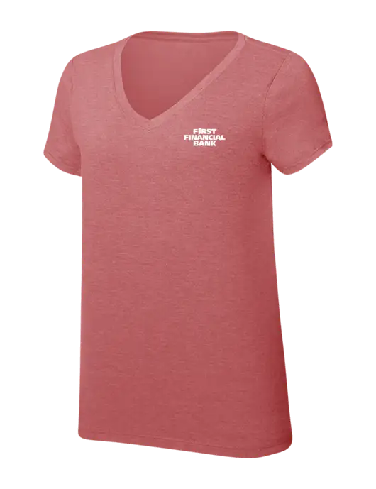 Womens Simply Soft V-Neck Blush Frost 4.5oz  Poly/Combed Ring Spun Cotton T-Shirt w/First Financial Bank Logo