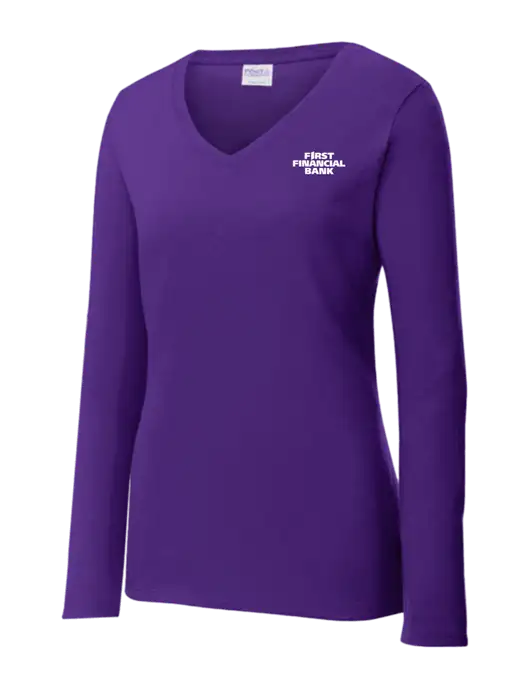 Womens  V-Neck Ring Spun Purple 4.5 oz Long Sleeve T-Shirt w/First Financial Bank Logo