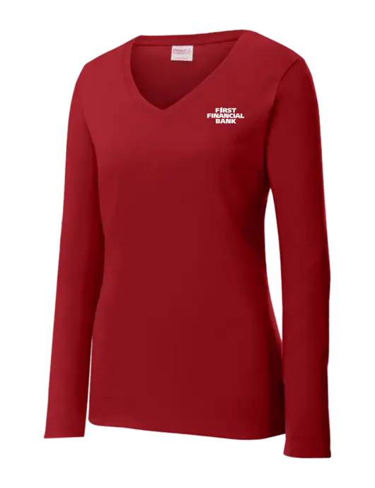 Womens V-Neck Ring Spun Cardinal 4.5 oz Long Sleeve T-Shirt w/First Financial Bank Logo