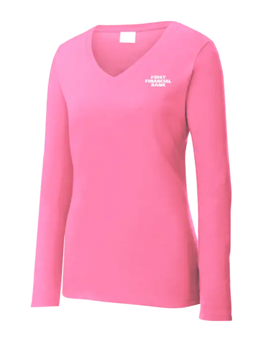 Womens  V-Neck Ring Spun Pink 4.5 oz Long Sleeve T-Shirt w/First Financial Bank Logo
