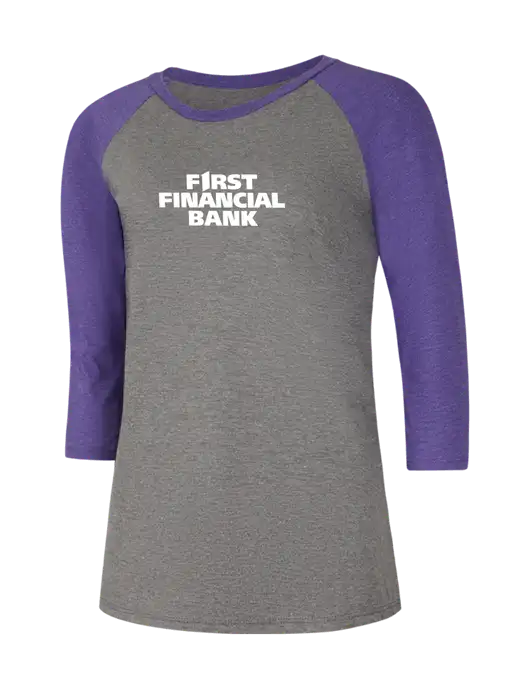 Womens Simply Soft 3/4 Sleeve Purple Frost/Grey Frost Ring Spun Cotton T-Shirt w/First Financial Bank Logo