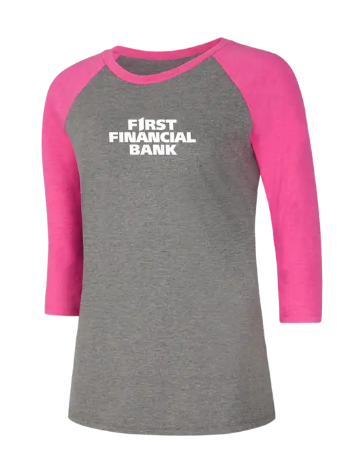 Womens Simply Soft 3/4 Sleeve Fuchsia Frost/Grey Frost Ring Spun Cotton T-Shirt w/First Financial Bank Logo