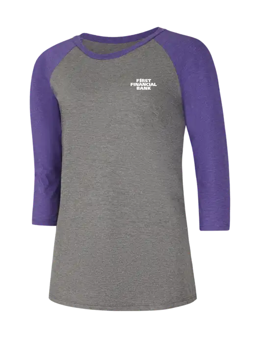 Womens Simply Soft 3/4 Sleeve Purple Frost/Grey Frost Ring Spun Cotton T-Shirt w/First Financial Bank Logo