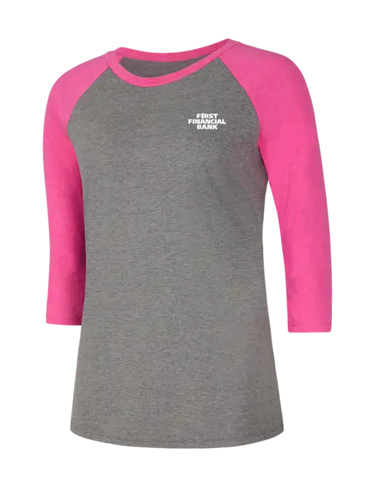 Womens Simply Soft 3/4 Sleeve Fuchsia Frost/Grey Frost Ring Spun Cotton T-Shirt w/First Financial Bank Logo