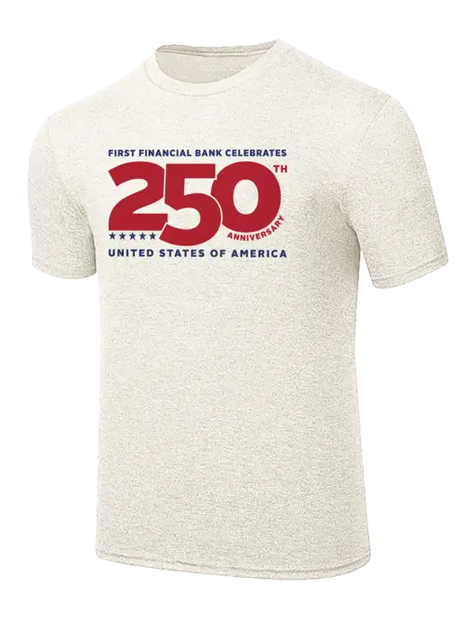 Simply Soft Very Light Tan Heather 4.5oz Poly/Combed Ring Spun Cotton T-Shirt w/FFIN Celebrates 250 Block Logo