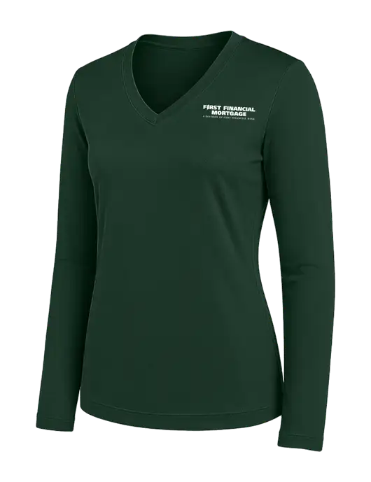 Womens Dark Green Long Sleeve PosiCharge V-Neck Competitor Tee w/First Financial Mortgage Logo
