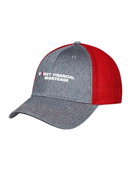 Grey Heather/Red Mesh Trucker Cap Snap Back w/First Financial Mortgage Logo