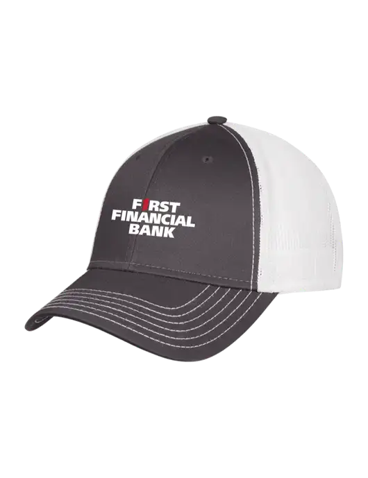 Dark Grey/White Mesh Trucker Cap Snap Back w/First Financial Bank Logo
