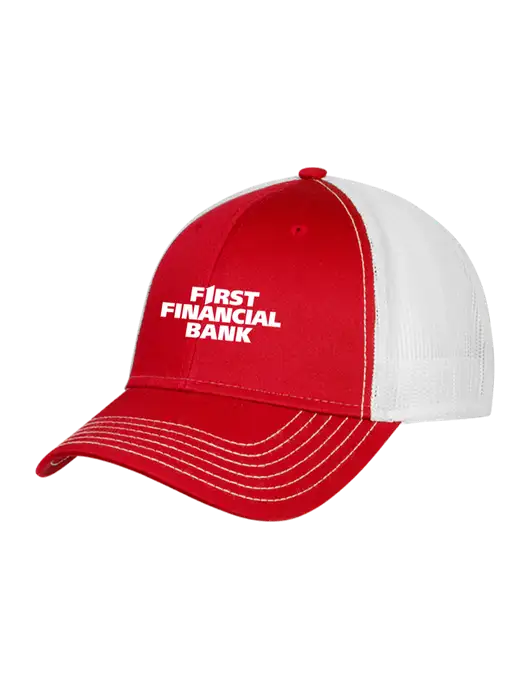 Red/White Mesh Trucker Cap Snap Back w/First Financial Bank Logo