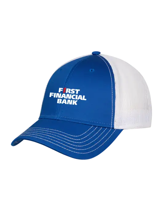 Royal & White Mesh Trucker Cap Snap Back w/First Financial Bank Logo