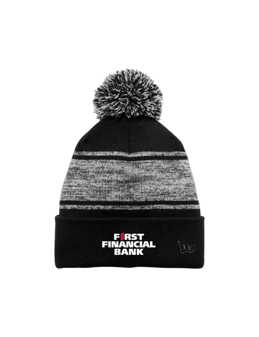 New Era Black/Charcoal Knit Chilled Pom Beanie w/First Financial Bank Logo