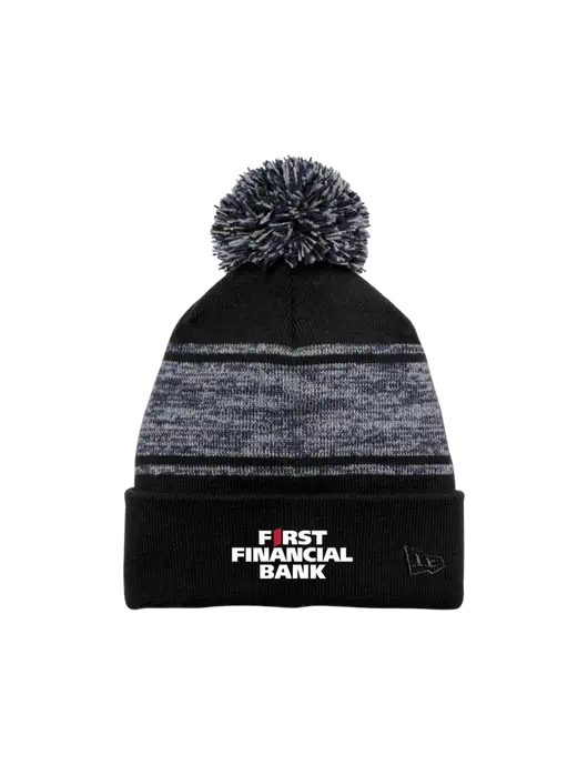 New Era Black/Navy Knit Chilled Pom Beanie w/First Financial Bank Logo