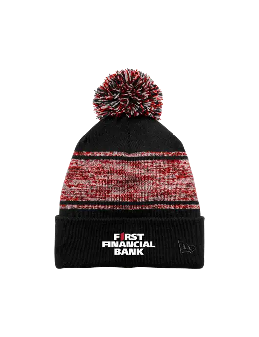 New Era Black/Red Knit Chilled Pom Beanie w/First Financial Bank Logo