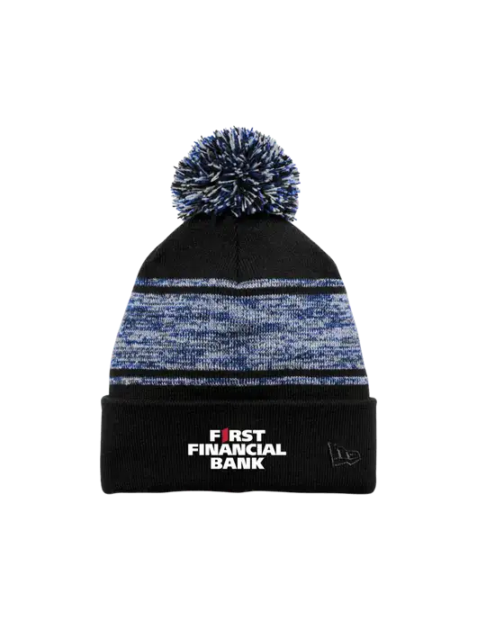 New Era Black/Royal Knit Chilled Pom Beanie w/First Financial Bank Logo