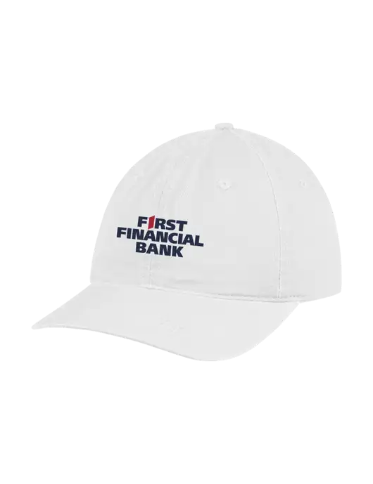Garment Washed Unstructured Twill White Cap w/First Financial Bank Logo