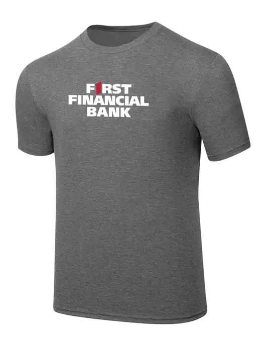 Simply Soft Heathered Medium Grey 4.5oz  Poly/Combed Ring Spun Cotton T-Shirt w/First Financial Bank Logo