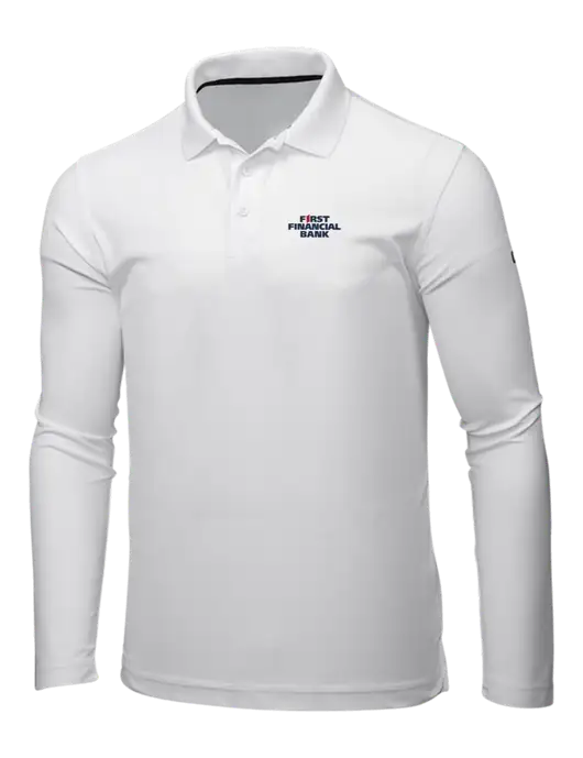 OGIO Bright White Caliber 2.0 Long Sleeve Polo w/First Financial Bank Logo