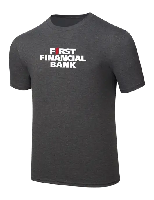 Simply Soft Heathered Charcoal 4.5oz  Poly/Combed Ring Spun Cotton T-Shirt w/First Financial Bank Logo