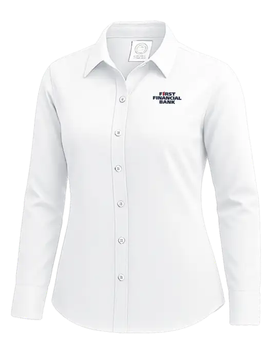 Brooks Brothers Womens White Wrinkle-Free Stretch Nailhead Shirt w/First Financial Bank Logo
