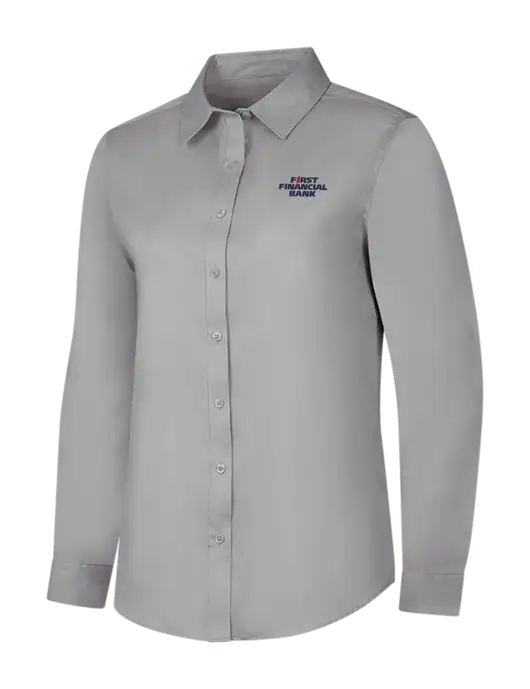 Light Grey Womens Long Sleeve Superpro React Twill Shirt w/First Financial Bank Logo