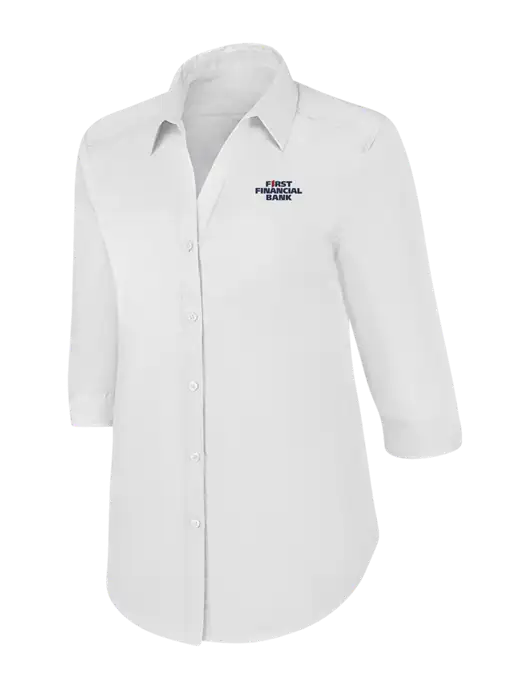 Womens White 3/4 Sleeve Carefree Poplin Shirt w/First Financial Bank Logo