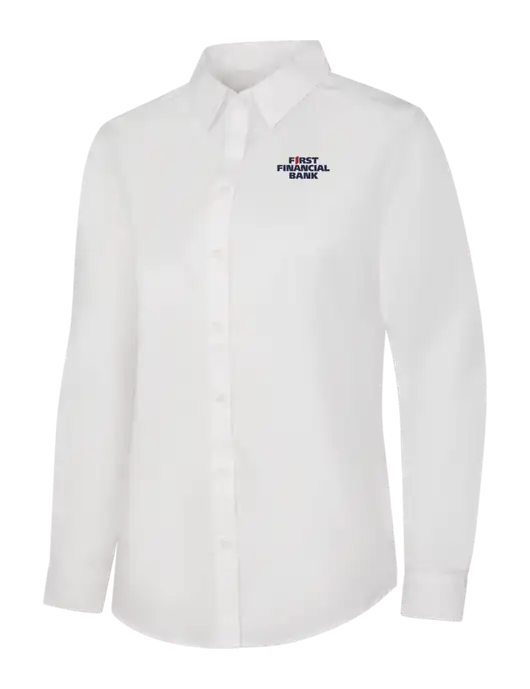 Womens White Long Sleeve Carefree Poplin Shirt w/First Financial Bank Logo