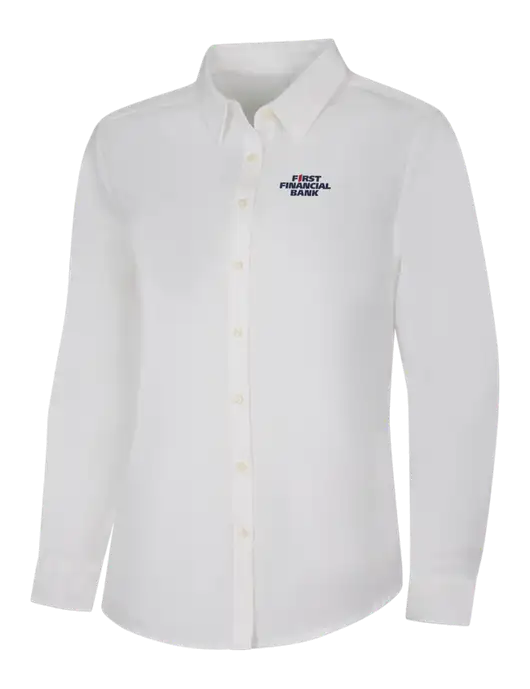 Womens White Long Sleeve Superpro React Twill Shirt w/First Financial Bank Logo