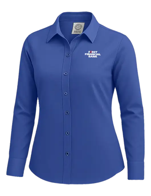 Brooks Brothers Womens Royal Blue Wrinkle-Free Stretch Nailhead Shirt w/First Financial Bank Logo