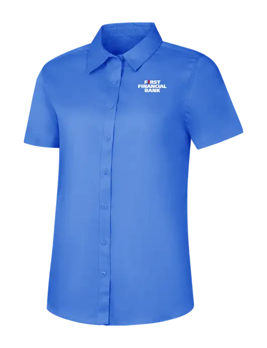 Womens Dark Carolina Blue Short Sleeve Superpro React Twill Shirt w/First Financial Bank Logo
