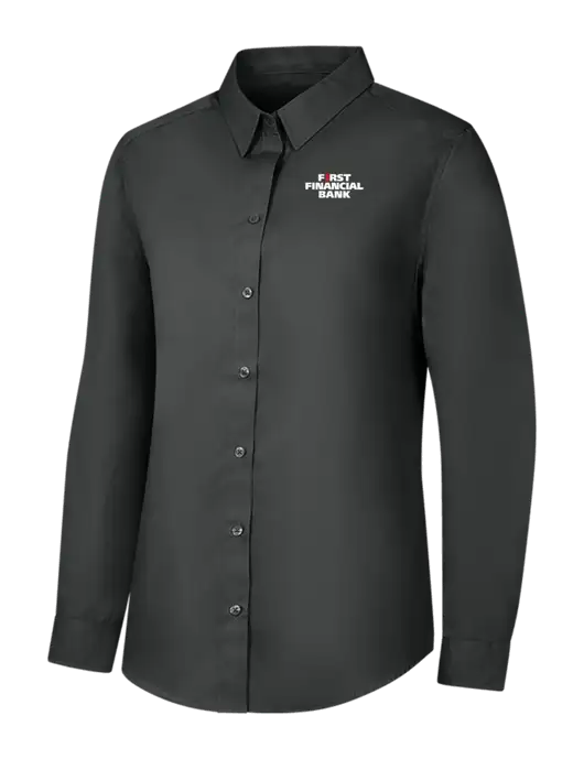 Womens Dark Grey Long Sleeve Carefree Poplin Shirt w/First Financial Bank Logo