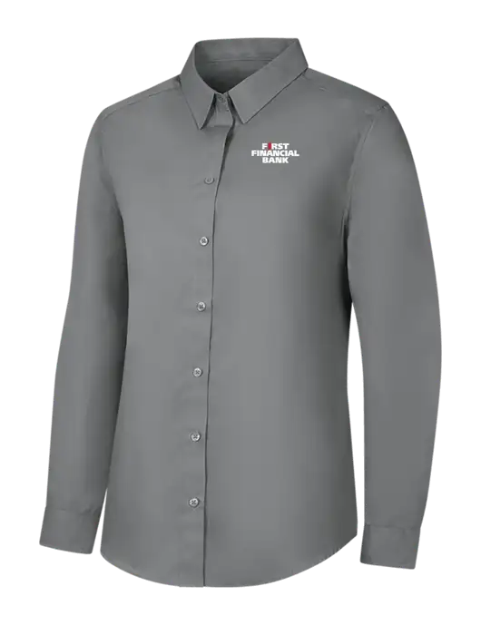 Womens Medium Grey Long Sleeve Carefree Poplin Shirt w/First Financial Bank Logo