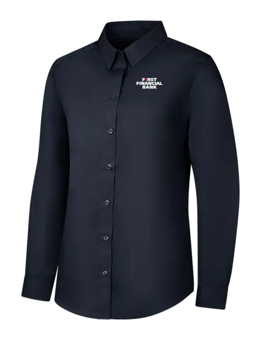 Womens River Blue Navy Long Sleeve Carefree Poplin Shirt w/First Financial Bank Logo
