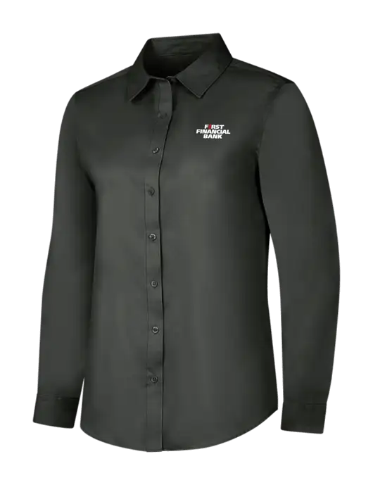 Dark Grey Womens Long Sleeve Superpro React Twill Shirt w/First Financial Bank Logo