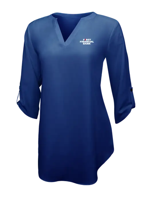Dark Royal Womens 3/4 Sleeve Tunic Blouse w/First Financial Bank Logo