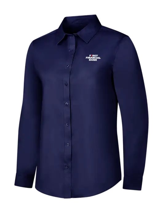 Navy Womens Long Sleeve Superpro React Twill Shirt w/First Financial Bank Logo