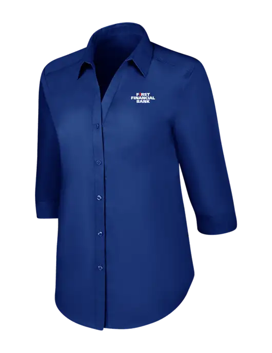 Womens Royal 3/4 Sleeve Carefree Poplin Shirt w/First Financial Bank Logo