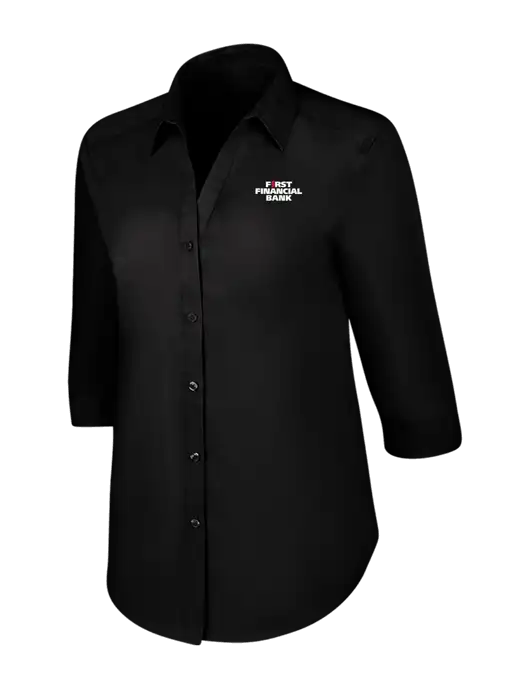 Womens Black 3/4 Sleeve Carefree Poplin Shirt w/First Financial Bank Logo