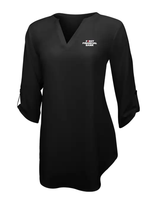 Womens Black 3/4 Sleeve Tunic Blouse w/First Financial Bank Logo
