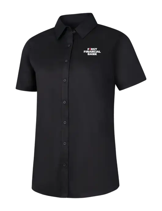 Womens Black Short Sleeve Superpro React Twill Shirt w/First Financial Bank Logo