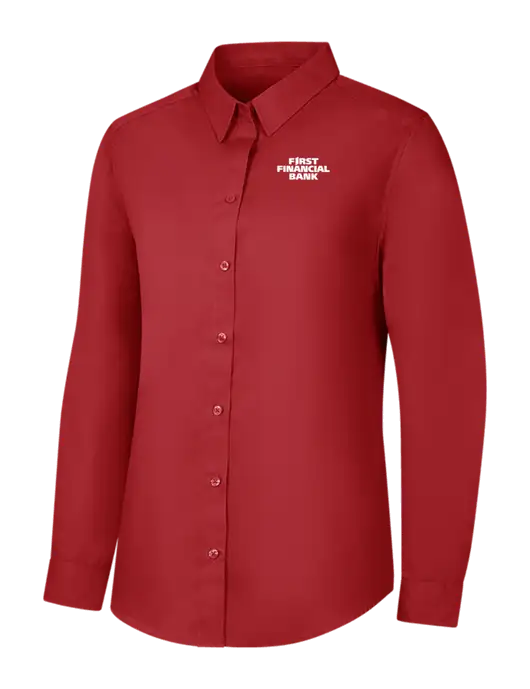 Womens Rich Red  Long Sleeve Carefree Poplin Shirt w/First Financial Bank Logo