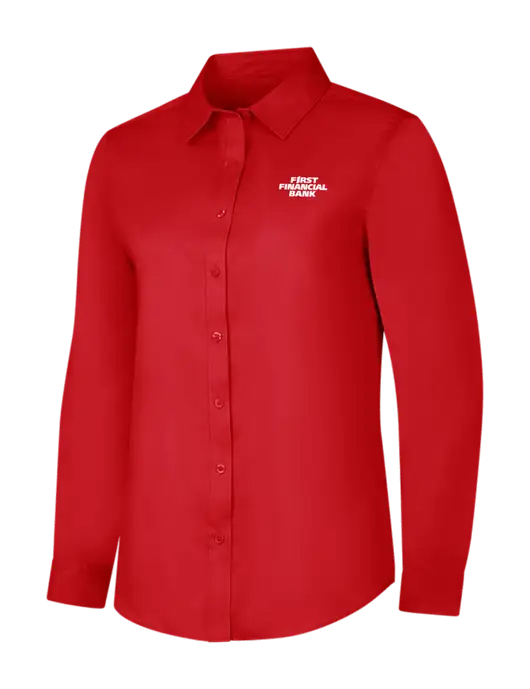 Red Womens Long Sleeve Superpro React Twill Shirt w/First Financial Bank Logo