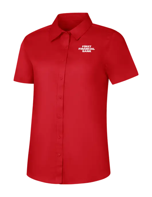 Womens Red Short Sleeve Superpro React Twill Shirt w/First Financial Bank Logo