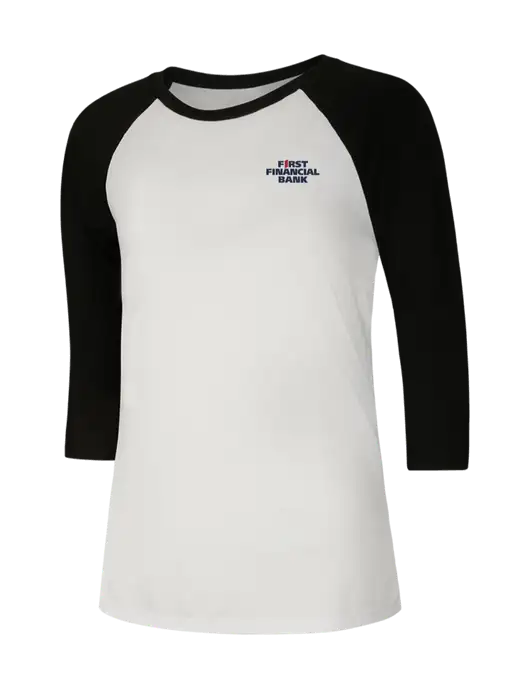 Womens Simply Soft 3/4 Sleeve Black/White Ring Spun Cotton T-Shirt w/First Financial Bank Logo