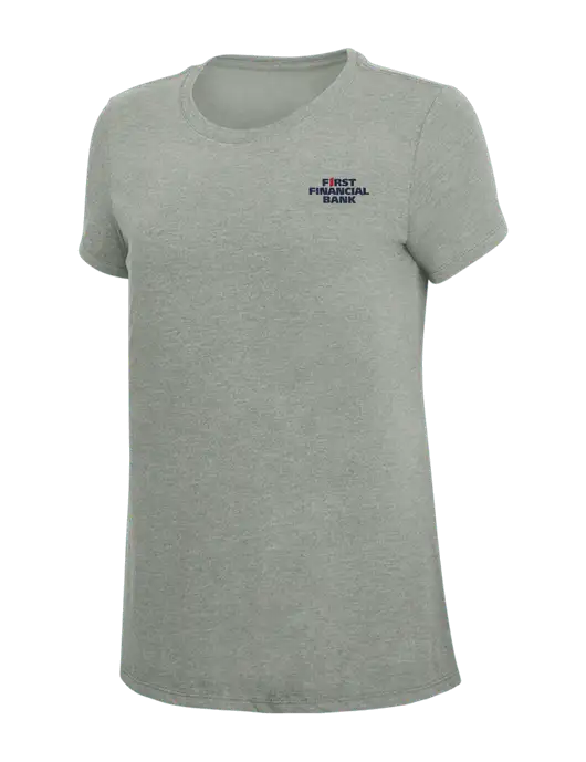 Womens Simply Soft Grey Frost 4.5oz  Poly/Combed Ring Spun Cotton T-Shirt w/First Financial Bank Logo
