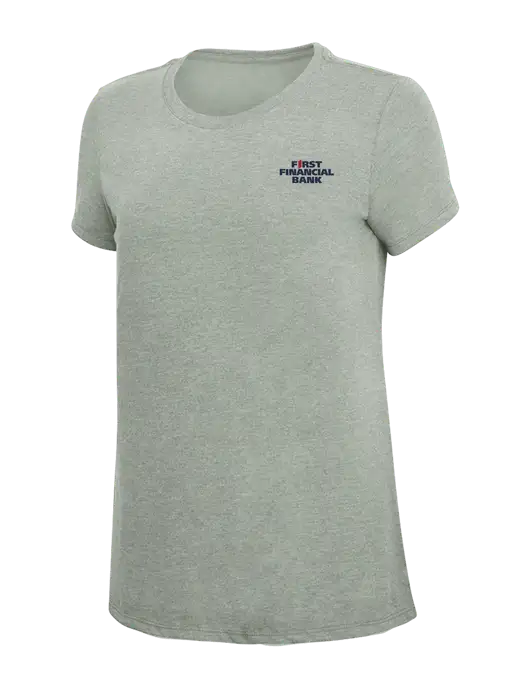 Womens Simply Soft Heathered Light Grey 4.5oz Poly/Combed Ring Spun Cotton T-Shirt w/First Financial Bank Logo