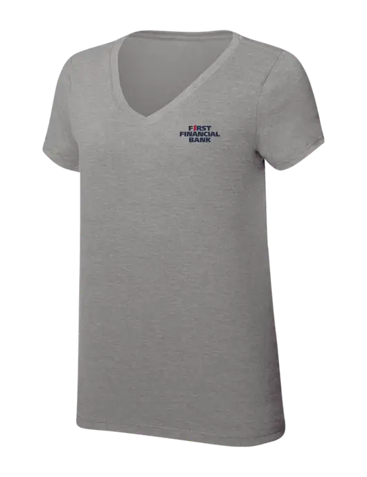 Womens Simply Soft V-Neck Grey Frost 4.5oz  Poly/Combed Ring Spun Cotton T-Shirt w/First Financial Bank Logo
